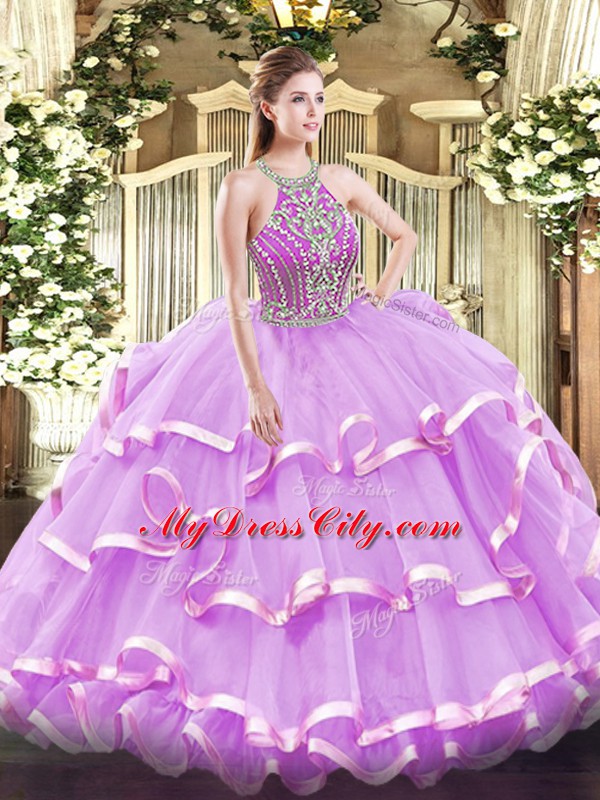 Floor Length Lilac Ball Gown Prom Dress Tulle Sleeveless Beading and Ruffled Layers