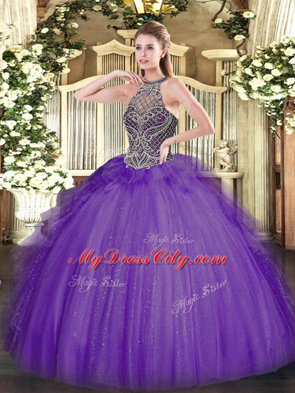 Lavender Ball Gowns Halter Top Sleeveless Tulle Floor Length Lace Up Beading Sweet 16 Dress