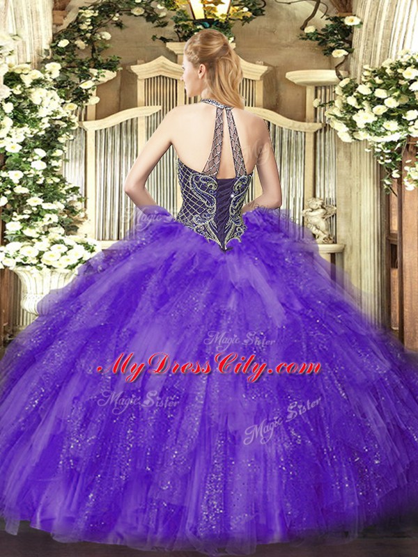 Lavender Ball Gowns Halter Top Sleeveless Tulle Floor Length Lace Up Beading Sweet 16 Dress