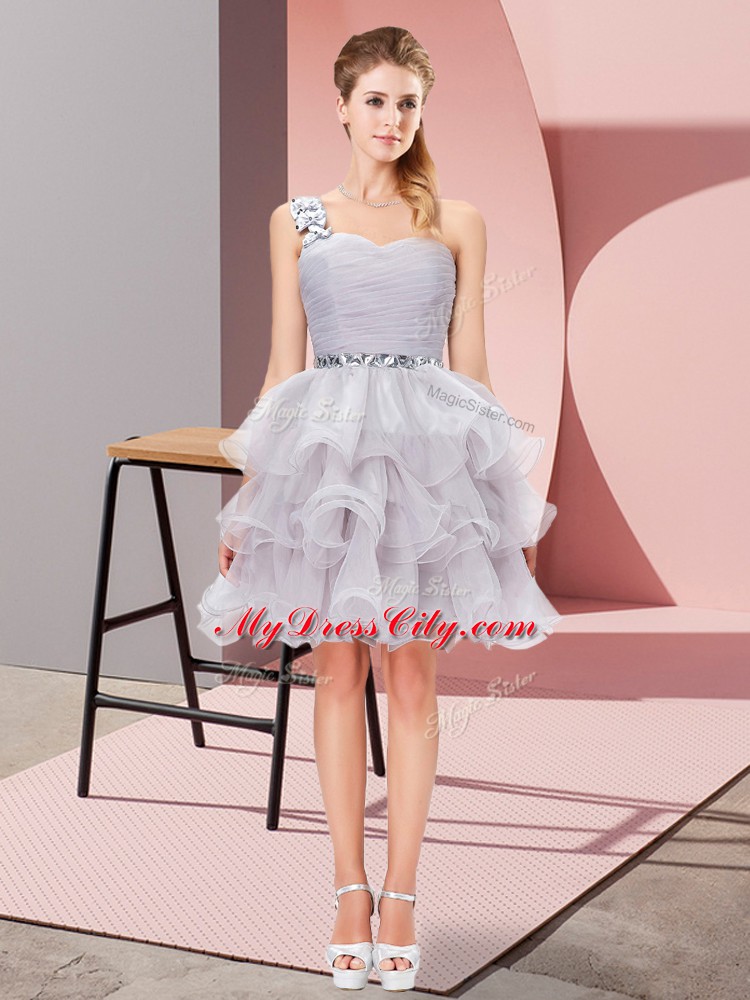 Fine Grey One Shoulder Neckline Beading and Ruffled Layers Homecoming Dress Sleeveless Lace Up