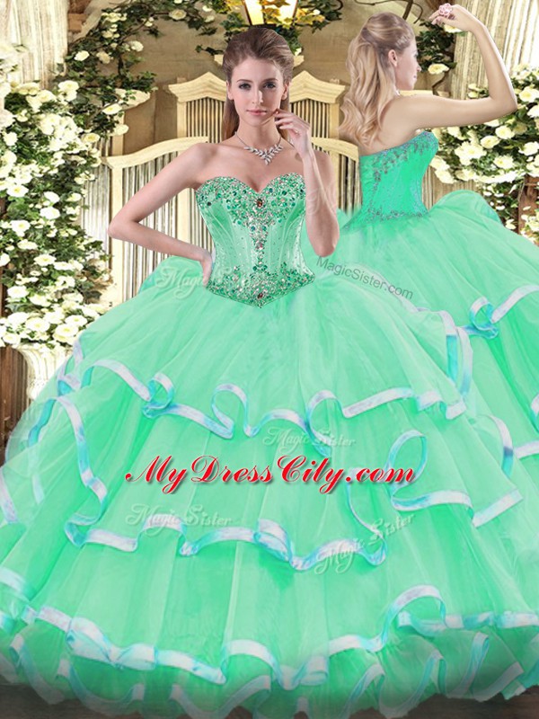 Flare Floor Length Apple Green 15th Birthday Dress Sweetheart Sleeveless Lace Up