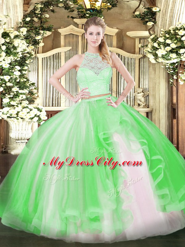 Custom Fit Floor Length Zipper Quince Ball Gowns Green for Military Ball and Sweet 16 and Quinceanera with Lace and Ruffles