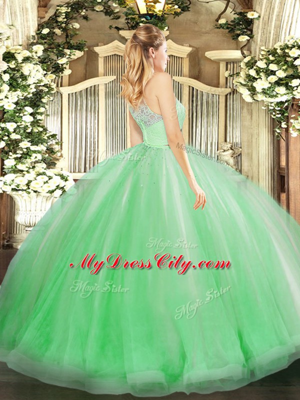 Custom Fit Floor Length Zipper Quince Ball Gowns Green for Military Ball and Sweet 16 and Quinceanera with Lace and Ruffles