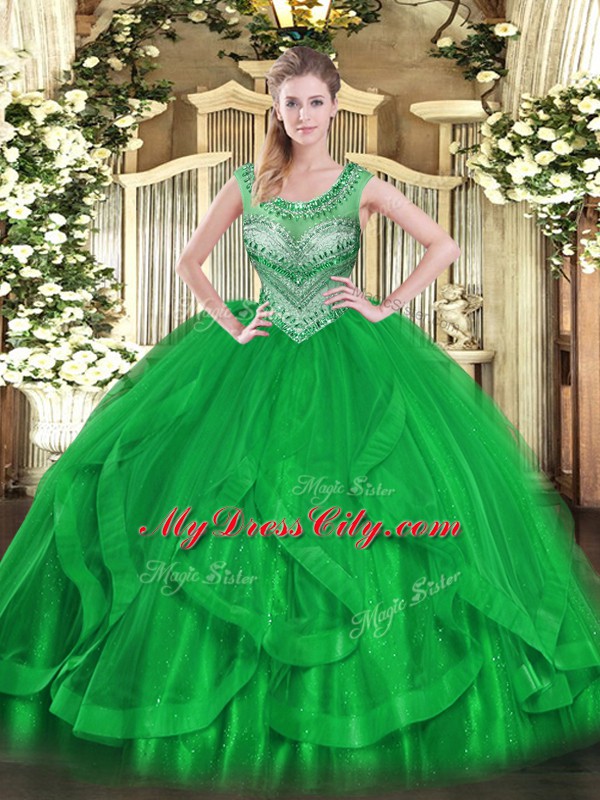 Green Scoop Lace Up Beading and Ruffles Sweet 16 Dresses Sleeveless