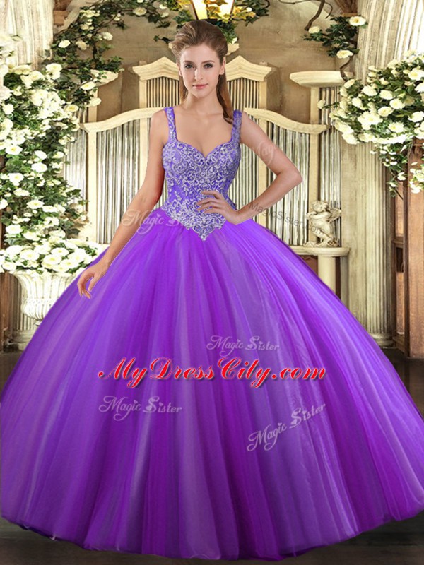 Superior Floor Length Lace Up Ball Gown Prom Dress Purple for Military Ball and Sweet 16 and Quinceanera with Beading