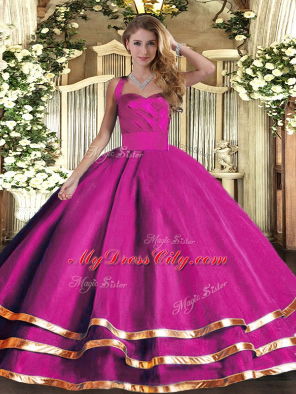 Fuchsia Sweet 16 Quinceanera Dress Military Ball and Sweet 16 and Quinceanera with Ruffled Layers Halter Top Sleeveless Lace Up