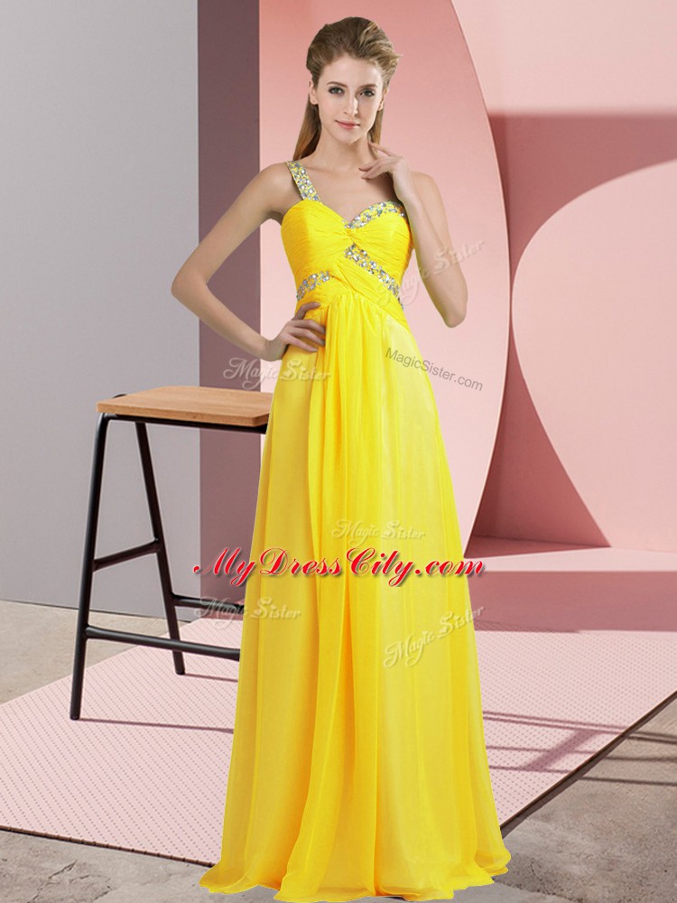 High End Yellow Chiffon Lace Up One Shoulder Sleeveless Floor Length Evening Dress Beading