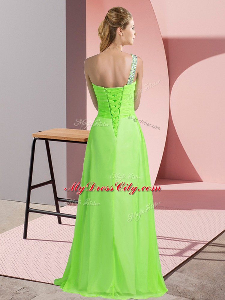 High End Yellow Chiffon Lace Up One Shoulder Sleeveless Floor Length Evening Dress Beading