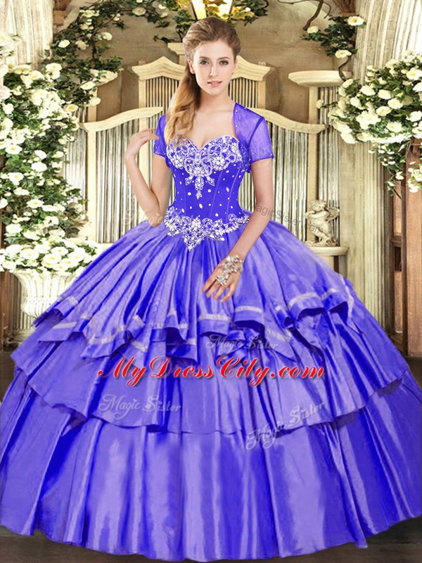 Eye-catching Purple Ball Gowns Organza and Taffeta Sweetheart Sleeveless Beading and Ruffled Layers Floor Length Lace Up Quinceanera Gowns