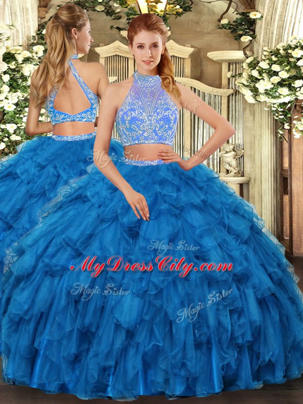 Cute Halter Top Sleeveless Criss Cross Quinceanera Gown Blue Organza