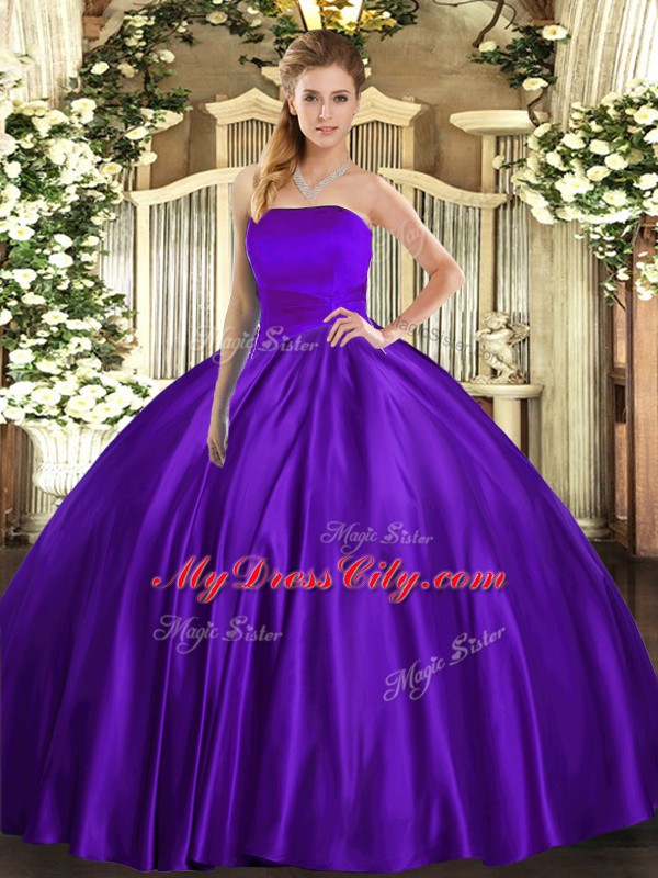 Edgy Floor Length Lace Up Quinceanera Dress Purple for Military Ball and Sweet 16 and Quinceanera with Ruching