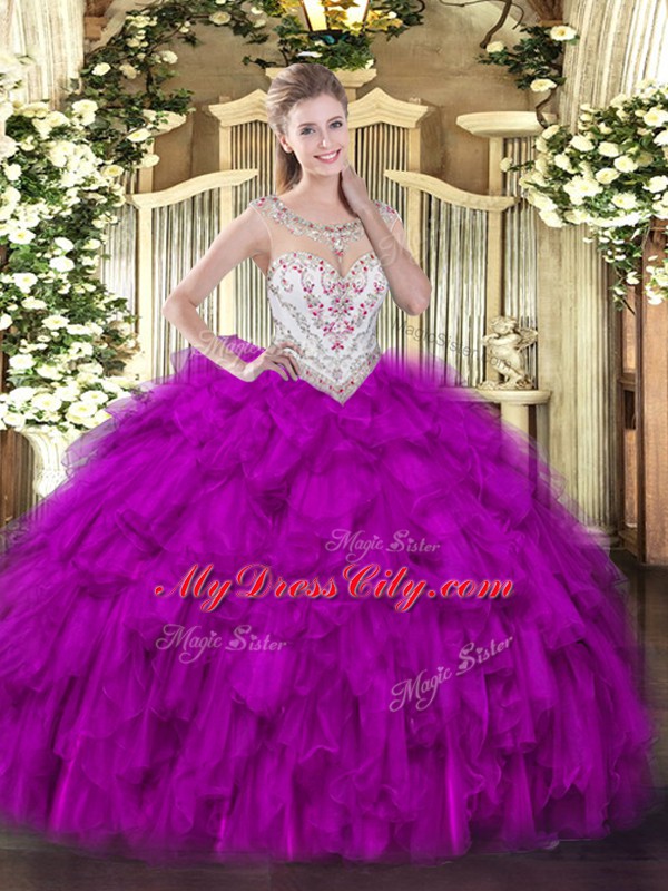 Extravagant Floor Length Fuchsia Sweet 16 Dress Tulle Sleeveless Beading and Ruffles