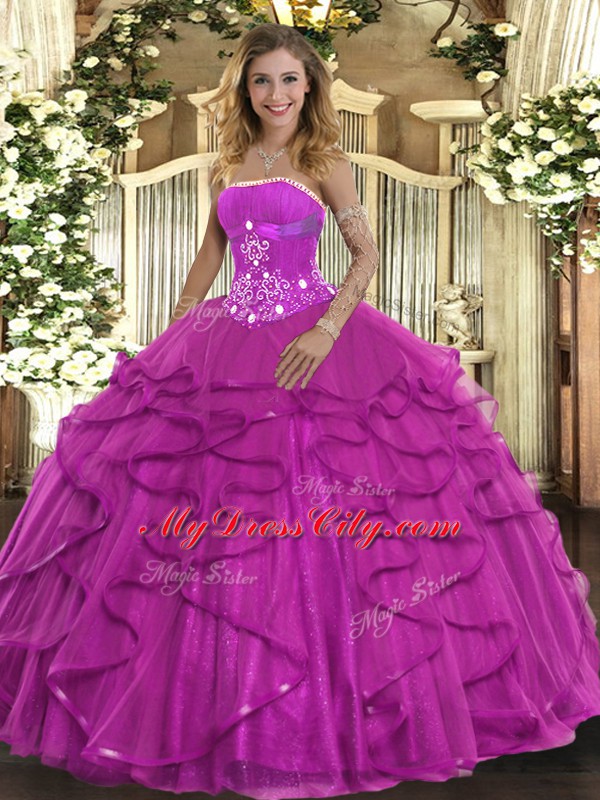 Fuchsia Strapless Neckline Beading and Ruffles Quinceanera Dress Sleeveless Lace Up