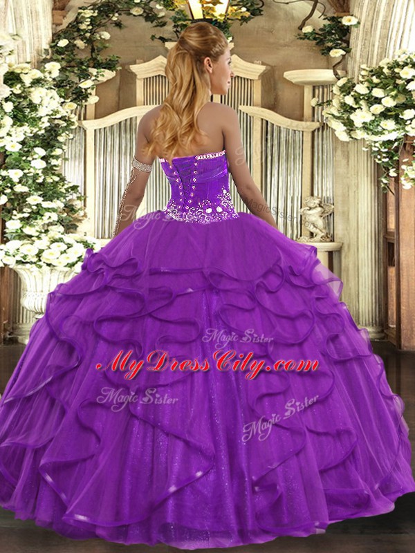 Fuchsia Strapless Neckline Beading and Ruffles Quinceanera Dress Sleeveless Lace Up