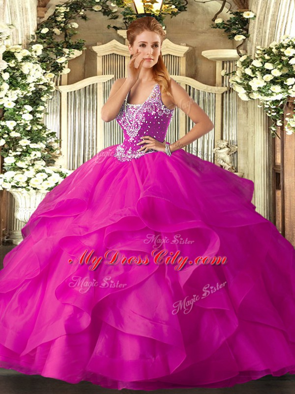 Deluxe Fuchsia Tulle Lace Up Vestidos de Quinceanera Sleeveless Floor Length Beading and Ruffles