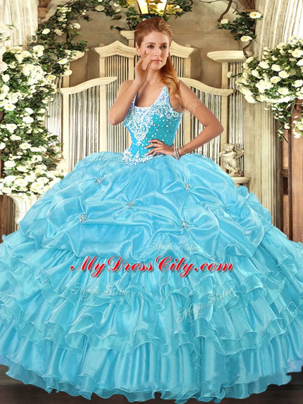 Nice Aqua Blue Sleeveless Beading and Ruffled Layers and Pick Ups Floor Length Quinceanera Gown