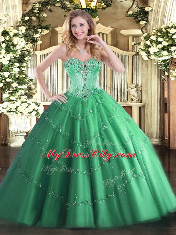 Sleeveless Lace Up Floor Length Beading and Appliques 15th Birthday Dress