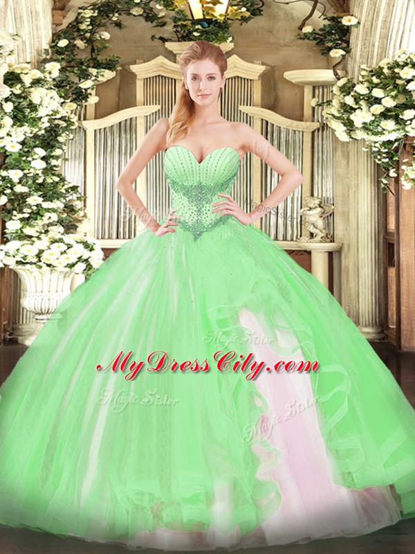 Clearance Tulle Lace Up Ball Gown Prom Dress Sleeveless Floor Length Beading and Ruffles