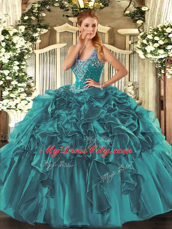 Cute Sleeveless Floor Length Beading and Ruffles Lace Up Vestidos de Quinceanera with Teal