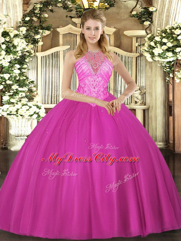 Floor Length Ball Gowns Sleeveless Fuchsia Quinceanera Dress Lace Up