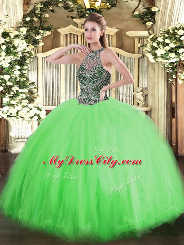 Halter Top Sleeveless Tulle Quinceanera Dresses Beading Lace Up