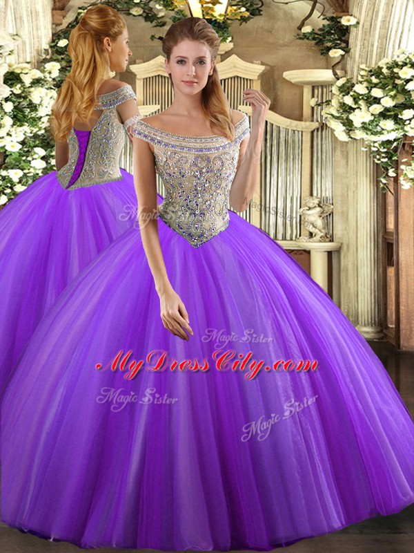 Dramatic Lavender Quinceanera Gowns Sweet 16 and Quinceanera with Beading Off The Shoulder Sleeveless Lace Up