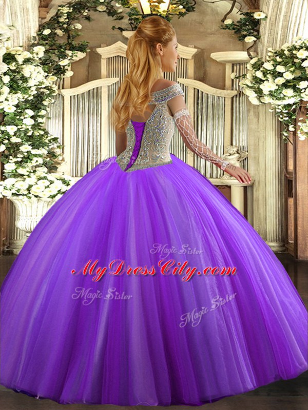 Dramatic Lavender Quinceanera Gowns Sweet 16 and Quinceanera with Beading Off The Shoulder Sleeveless Lace Up