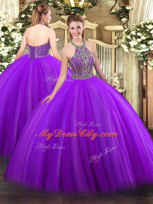 Tulle Halter Top Sleeveless Lace Up Beading 15 Quinceanera Dress in Purple