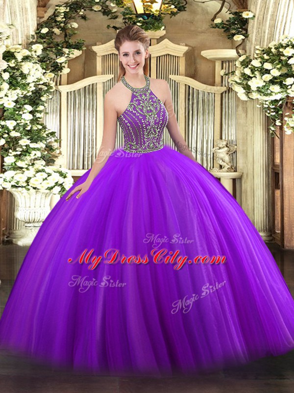 Tulle Halter Top Sleeveless Lace Up Beading 15 Quinceanera Dress in Purple