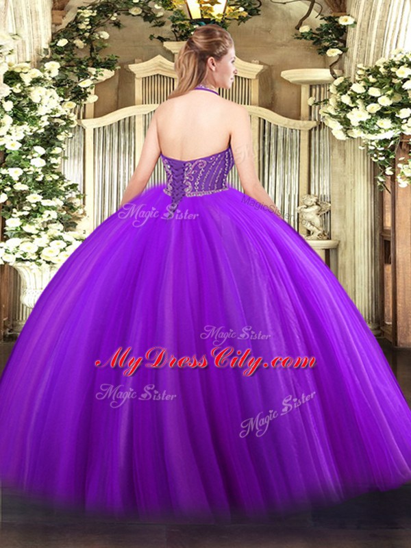 Tulle Halter Top Sleeveless Lace Up Beading 15 Quinceanera Dress in Purple