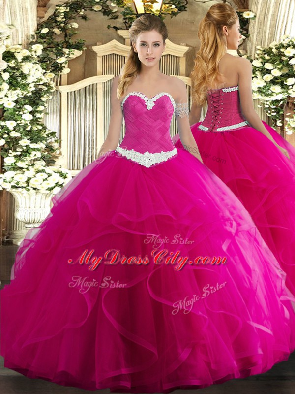 Admirable Fuchsia Ball Gowns Sweetheart Sleeveless Tulle Floor Length Lace Up Appliques and Ruffles Quinceanera Gown