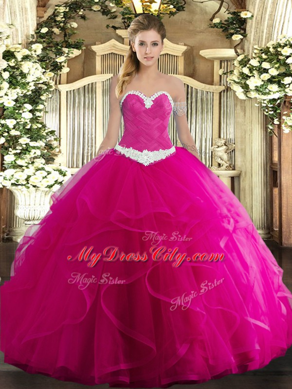 Admirable Fuchsia Ball Gowns Sweetheart Sleeveless Tulle Floor Length Lace Up Appliques and Ruffles Quinceanera Gown