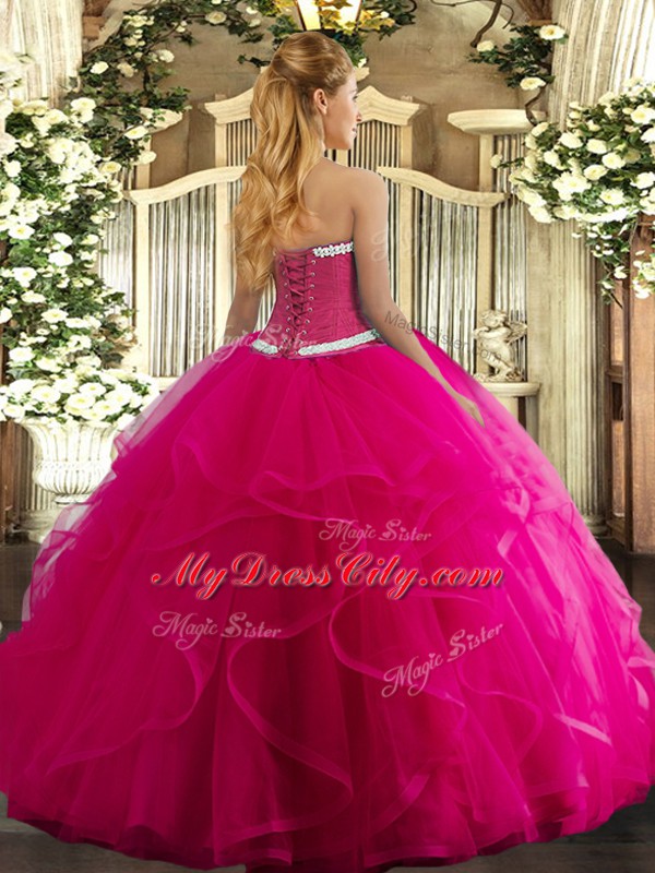 Admirable Fuchsia Ball Gowns Sweetheart Sleeveless Tulle Floor Length Lace Up Appliques and Ruffles Quinceanera Gown