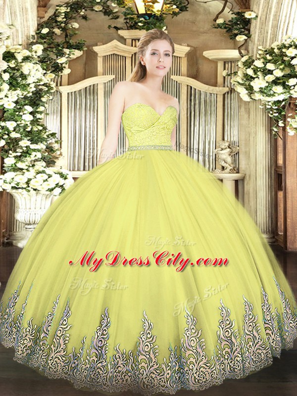 Sleeveless Tulle Floor Length Zipper Quince Ball Gowns in Yellow with Beading and Lace and Appliques