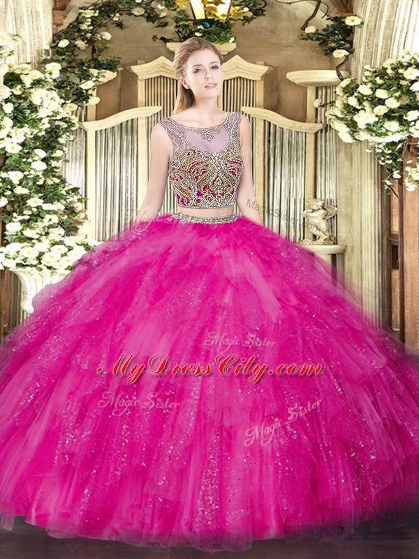 Tulle Scoop Sleeveless Lace Up Beading and Ruffles Quinceanera Dresses in Hot Pink