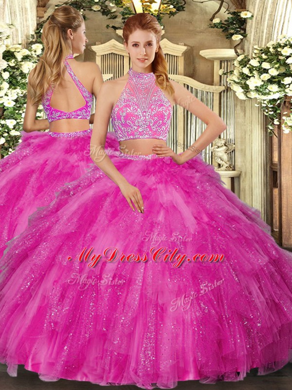 Cheap Hot Pink Tulle Criss Cross Halter Top Sleeveless Floor Length Vestidos de Quinceanera Beading