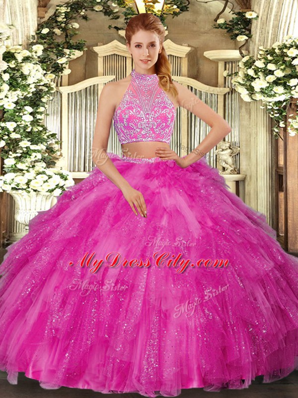 Cheap Hot Pink Tulle Criss Cross Halter Top Sleeveless Floor Length Vestidos de Quinceanera Beading