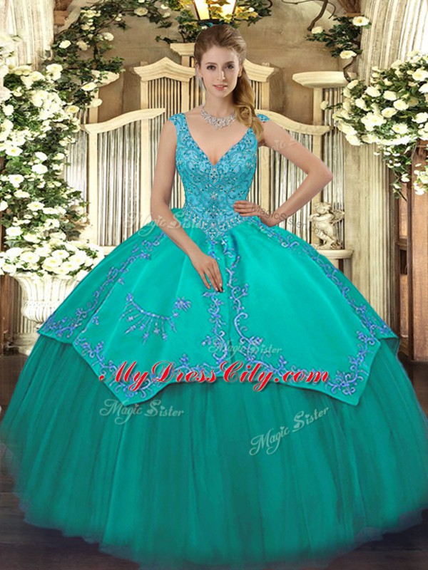 High Class Floor Length Turquoise 15th Birthday Dress Taffeta and Tulle Sleeveless Beading and Embroidery