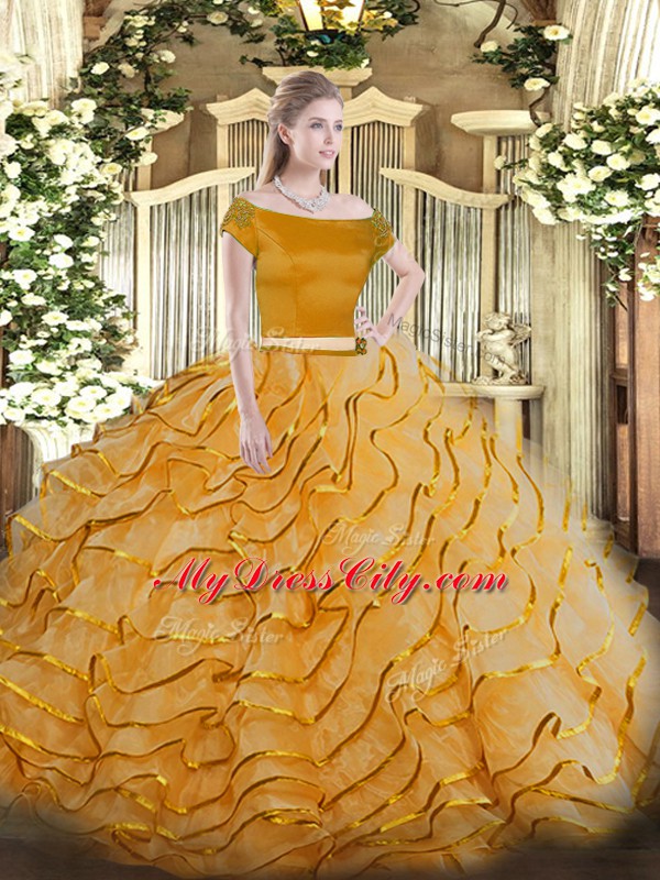 Tulle Off The Shoulder Short Sleeves Brush Train Zipper Appliques and Ruffled Layers Ball Gown Prom Dress in Orange