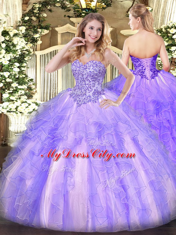 Ball Gowns Sweet 16 Dress Lavender Sweetheart Tulle Sleeveless Floor Length Lace Up