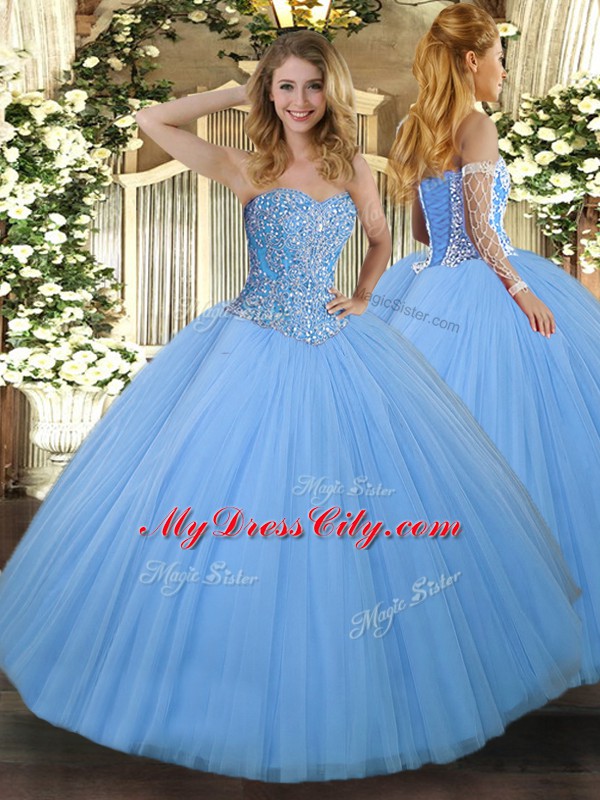 Dazzling Aqua Blue Sleeveless Floor Length Beading Lace Up 15th Birthday Dress