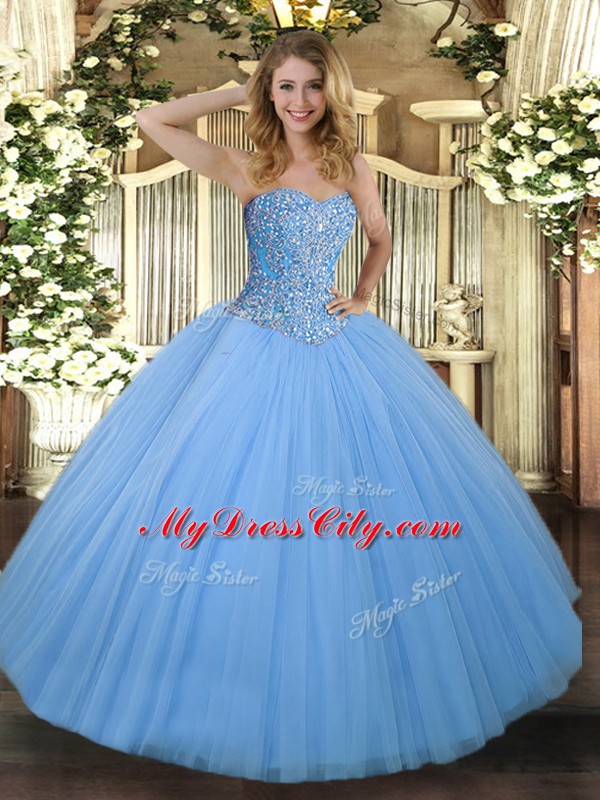 Dazzling Aqua Blue Sleeveless Floor Length Beading Lace Up 15th Birthday Dress