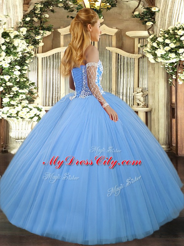 Dazzling Aqua Blue Sleeveless Floor Length Beading Lace Up 15th Birthday Dress