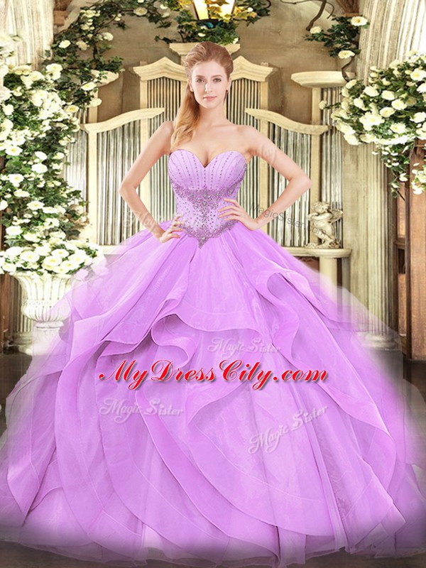 Tulle Sweetheart Sleeveless Lace Up Beading and Ruffles 15 Quinceanera Dress in Lavender