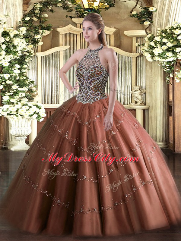 Designer Chocolate Sleeveless Beading Floor Length Quinceanera Gown