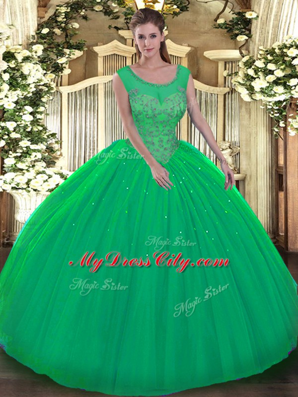 Clearance Green Ball Gowns Beading 15 Quinceanera Dress Backless Tulle Sleeveless Floor Length