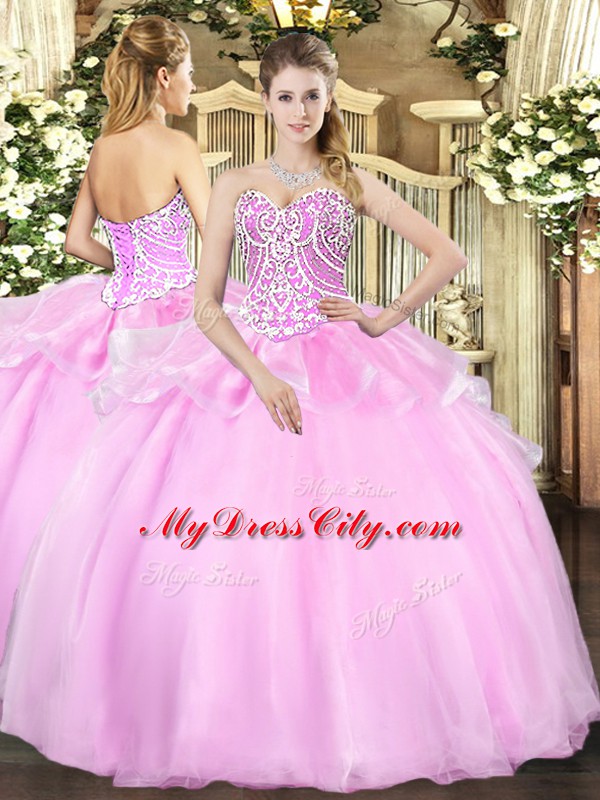 Custom Designed Pink Sweetheart Lace Up Beading Quinceanera Gown Sleeveless