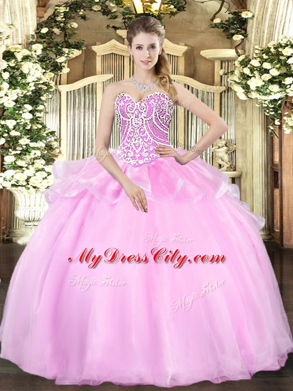 Custom Designed Pink Sweetheart Lace Up Beading Quinceanera Gown Sleeveless