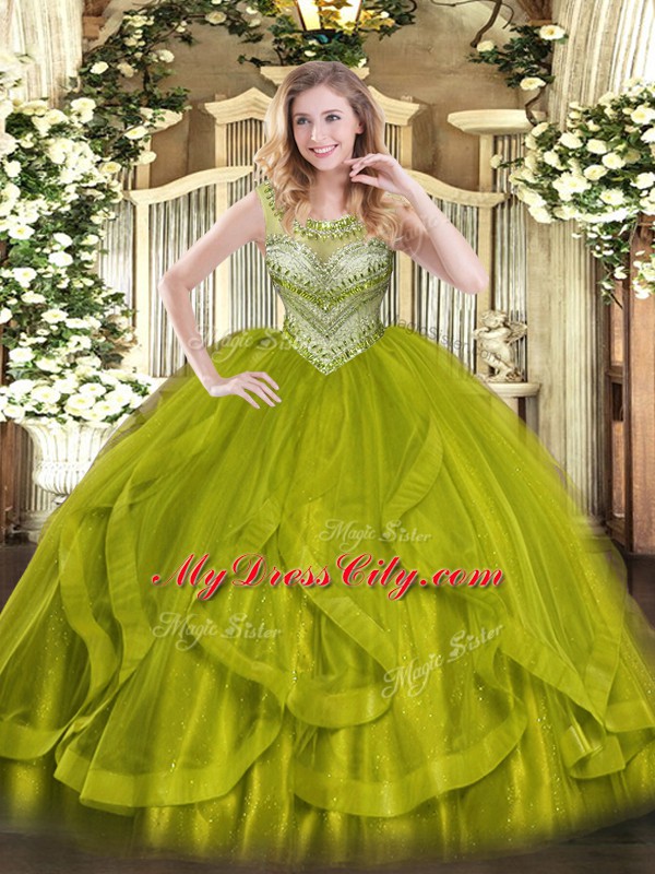 Eye-catching Olive Green Quinceanera Gowns Sweet 16 and Quinceanera with Beading Scoop Sleeveless Lace Up