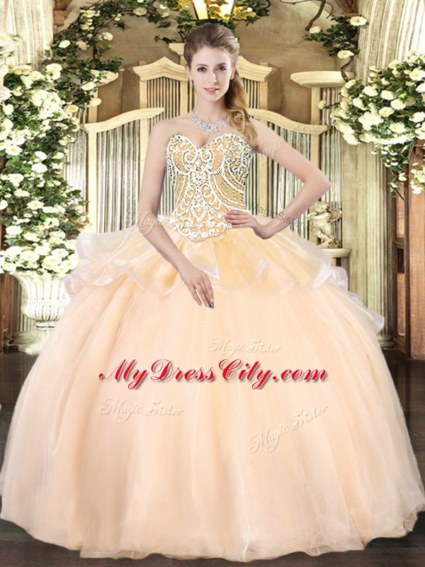 Sweetheart Sleeveless Lace Up Quinceanera Gowns Champagne Organza